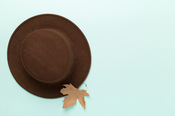 Brown autumn hat on color background, top view