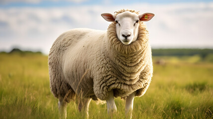 Obraz premium Captivating Portrait of a Grazing Ewe Basking in the Serene Grandeur of the Countryside