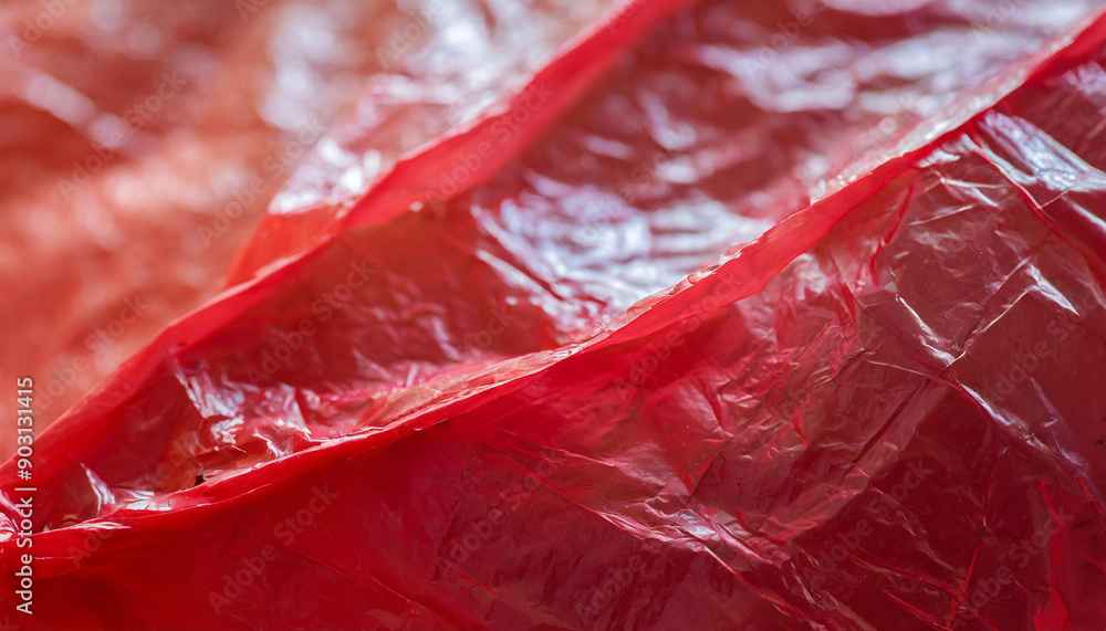 Aufkleber Close-Up of Crumpled Red Plastic Sheet with Translucent Texture and Reflective Surface Wrinkles and Creases