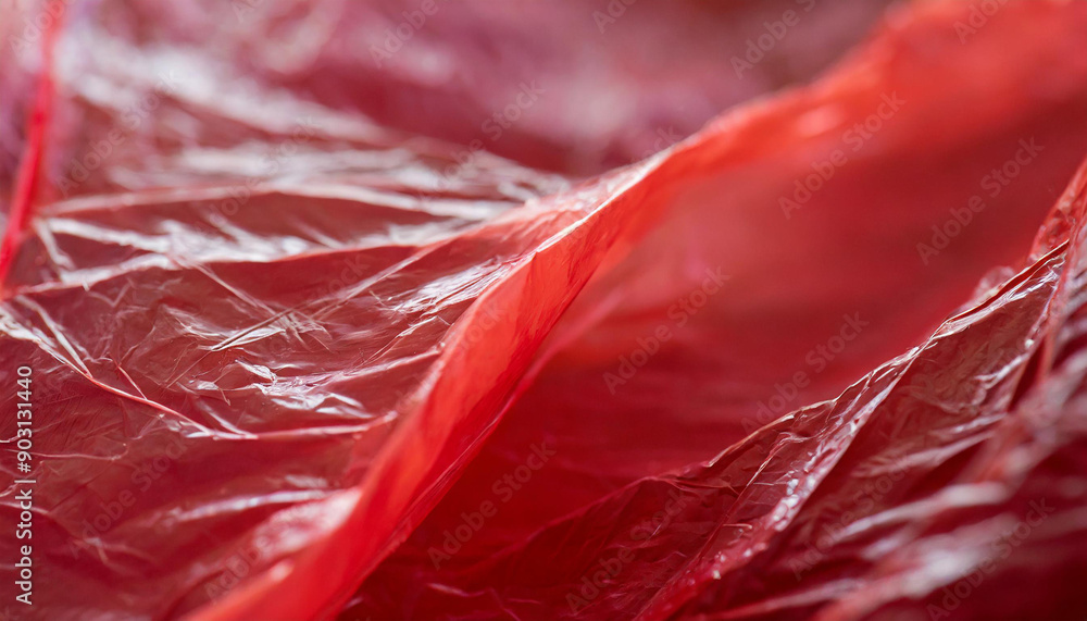Aufkleber Close-Up of Crumpled Red Plastic Sheet with Translucent Texture and Reflective Surface Wrinkles and Creases