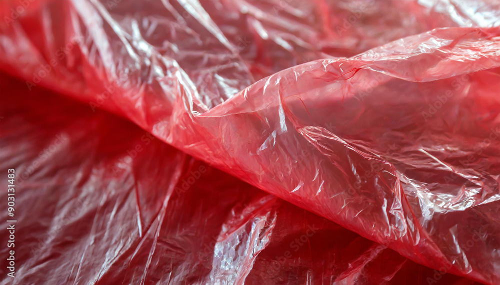 Aufkleber Close-Up of Crumpled Red Plastic Sheet with Translucent Texture and Reflective Surface Wrinkles and Creases