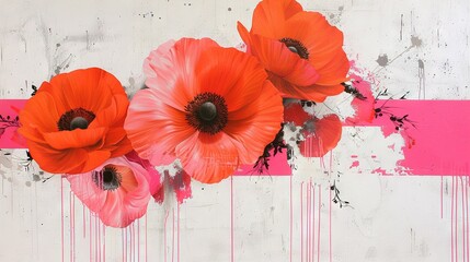   A painting featuring red and pink flowers against a white and pink background, adorned with paint splatters on the wall