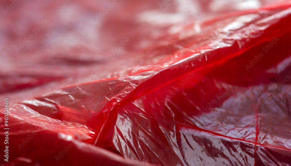Poster close-up of crumpled red plastic sheet with translucent texture and reflective surface wrinkles and 