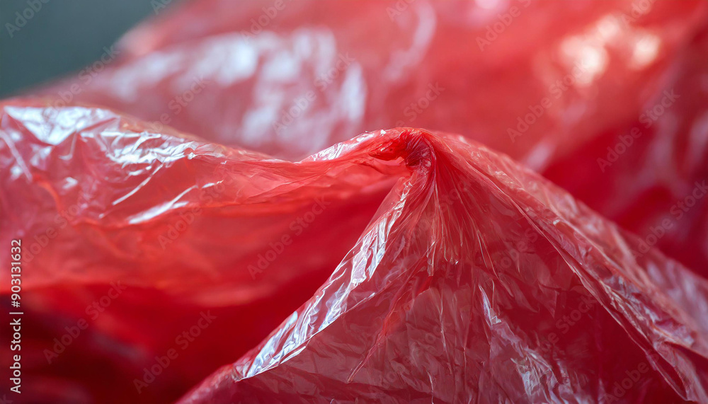 Aufkleber Close-Up of Crumpled Red Plastic Sheet with Translucent Texture and Reflective Surface Wrinkles and Creases