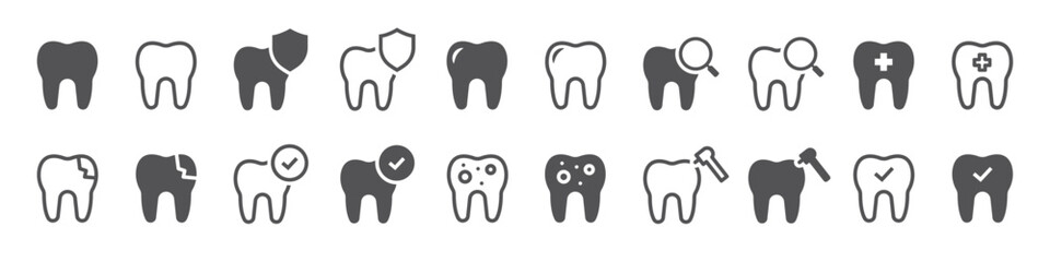 Set of dental related icons. Dentist and stomatology, teeth checkup, tooth crash, decay tooth. Vector illustration.