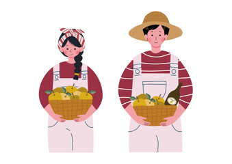 なしが入ったバスケットを抱える男女のイラスト