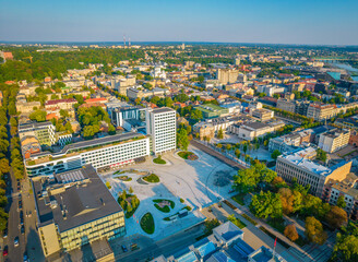 Naklejka premium Kaunas city center, Unity square, one of the newest and most modern squares in Europe. Aerial drone view