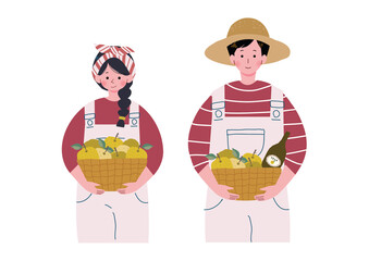 なしが入ったバスケットを抱える男女のイラスト