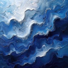 The painting depicts a beautiful blue ocean with waves crashing against the shore and The sky is filled with a bright sun, casting a warm glow over the water.