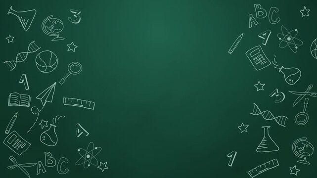 Loop pattern with school doodles. Back to school hand drawn background for notebook, sketchbook. Green background with with stationery icons.