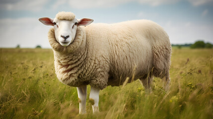 Obraz premium Captivating Portrait of a Grazing Ewe Basking in the Serene Grandeur of the Countryside