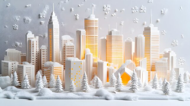 Mesmerizing Papier Mch Cityscape with Glowing Snow Dusted Skyscrapers and Christmas Trees