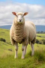 Fototapeta premium Captivating Portrait of a Grazing Ewe Basking in the Serene Grandeur of the Countryside