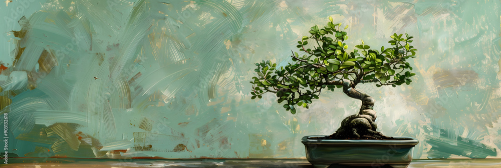 Poster a bonsai tree. with its intricate shape and delicate leaves. stands on a wooden table against the ba