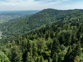 Stunning Aerial Drone View of Summer Green Forests in the Beskid Mountains, Bielsko Biala, Magurka Wilkowicka. Beskid summer mountains panorama.