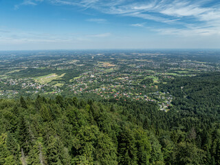 Stunning Aerial Drone View of Summer Green Forests in the Beskid Mountains, Bielsko Biala, Magurka Wilkowicka. Beskid summer mountains panorama.