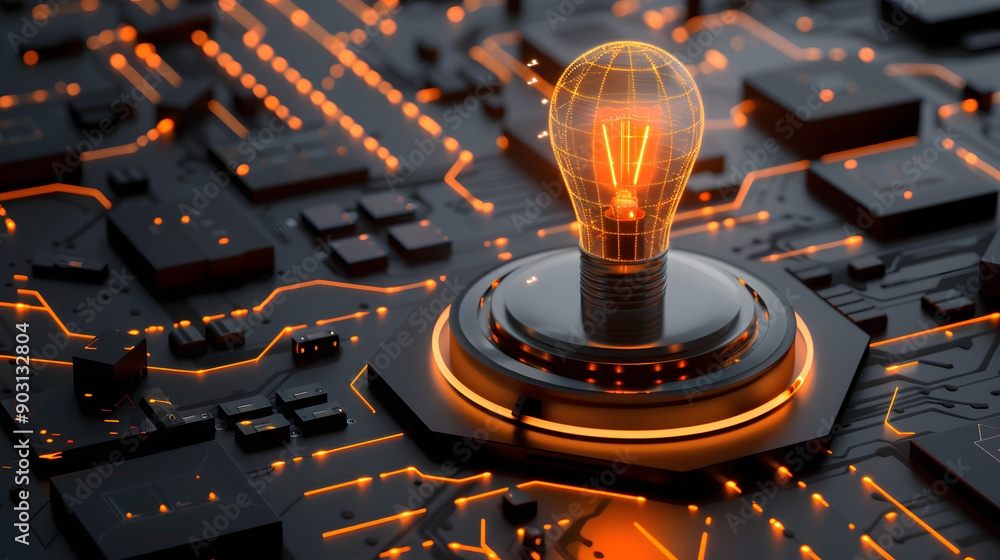 Poster a bright bulb placed on a complex electronic circuit. embodying the essence of ai-driven innovation.