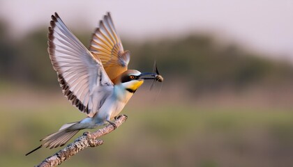 A vibrant european bee-eater, merops apiaster, perched mid-action on a branch with wings expressively spread as it catches a bee, set against a soft natural background