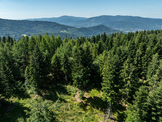 Stunning Aerial Drone View of Summer Green Forests in the Beskid Mountains, Bielsko Biala, Magurka Wilkowicka. Beskid summer mountains panorama.