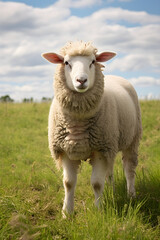 Obraz premium Captivating Portrait of a Grazing Ewe Basking in the Serene Grandeur of the Countryside