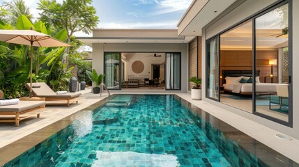 Luxury villa with relaxation area, sun loungers by pool and bedroom