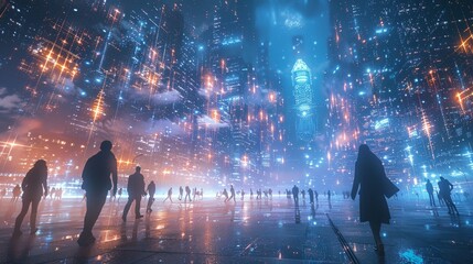 Futuristic Digital City with Glowing Pedestrians