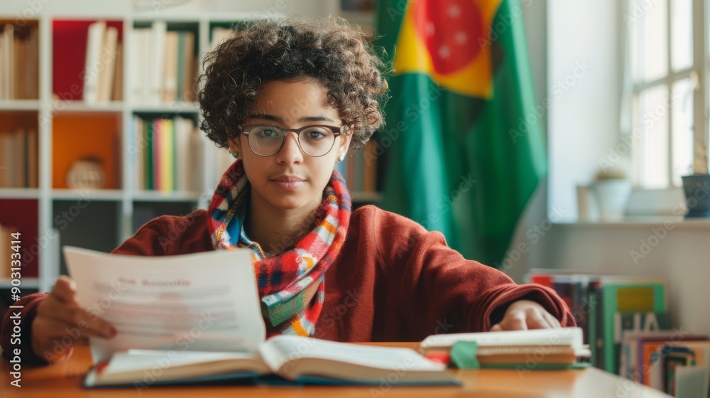Aufkleber A student with curly hair examines a document while surrounded by books and a colorful flag in the background.