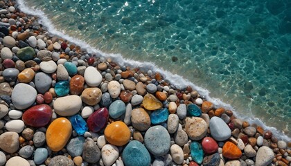 A mosaic of pebbles meets the turquoise waters of the aegean sea