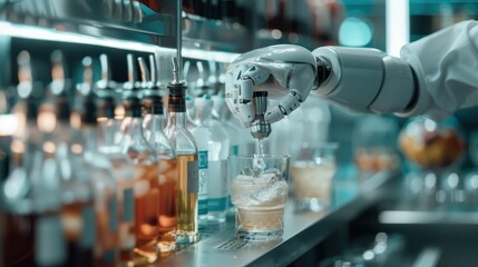 A robot bartender is making a drink at a modern bar setting, surrounded by various bottles and ingredients. The environment is futuristic, emphasizing automation in the service industry.