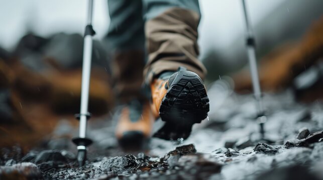 A hiker is seen walking on a rocky path with trekking poles, making their way through a rugged terrain. The close-up captures the feel of an adventurous journey in nature. - Powered by Adobe