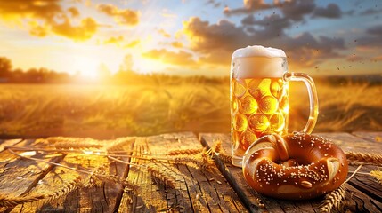 A beer mug and a pretzel on a rustic wooden table, with golden wheat and sunset lighting creating a warm, inviting scene. The image captures the traditional elements of Oktoberfest