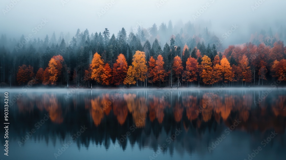 Poster a foggy lake scene with vibrant autumn trees reflecting in the water, creating a mystical and tranqu