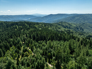 Stunning Aerial Drone View of Summer Green Forests in the Beskid Mountains, Bielsko Biala, Magurka Wilkowicka. Beskid summer mountains panorama.
