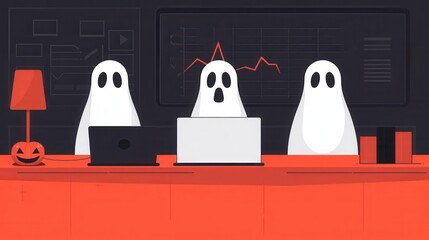 A playful illustration of three cartoon ghosts working on laptops in a spooky, Halloween-themed environment.