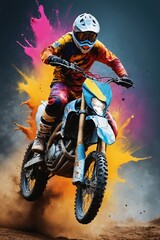 A blur of motion: dirt bike rider on a dusty track