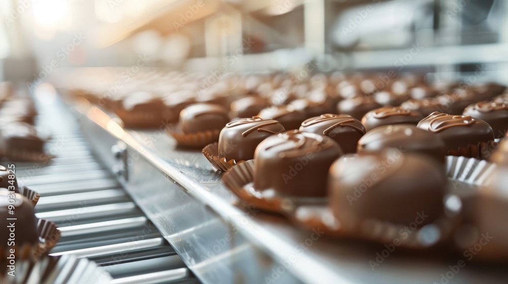 Poster a shiny conveyor belt lined with rows of freshly crafted chocolates moving through an automated syst