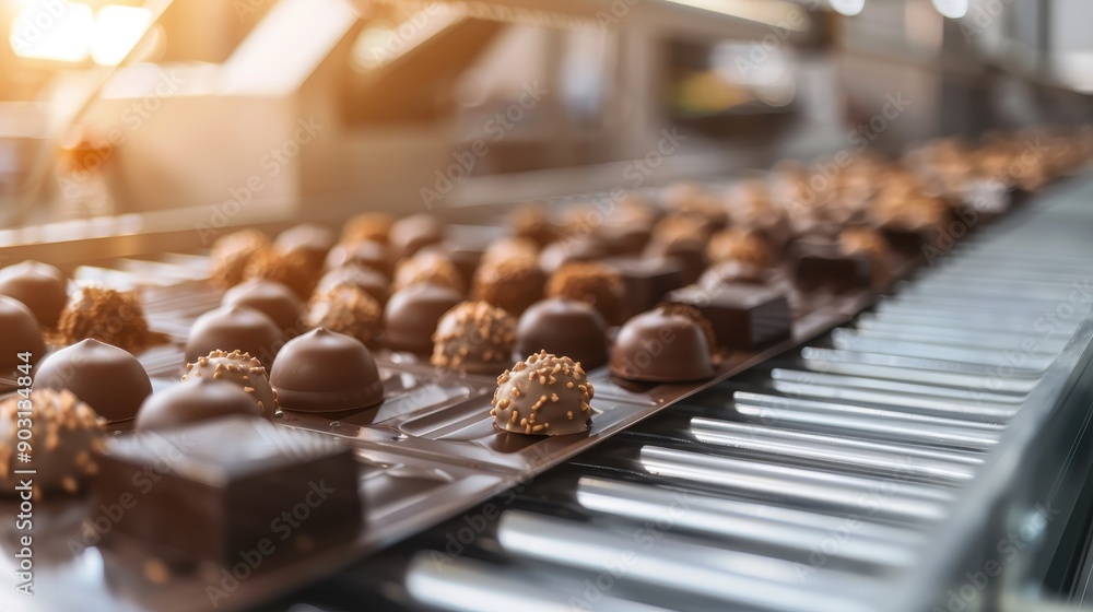 Poster close-up view of a factory conveyor belt carrying various shapes and types of chocolates, showing th