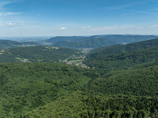 Beskid summer mountains panorama. Stunning drone view of summer green forests in the Beskids, Bielsko-Biała,Lake Zywieckie, Gora Zar, .