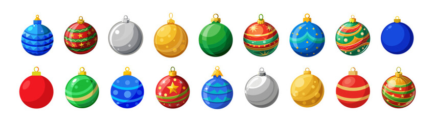 Various colorful Christmas ornaments with different designs and patterns arranged in a row. Isolated on white background, Concept of holiday decorations, festive season, ornament collection. Set