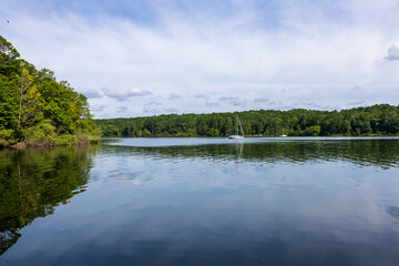 Sailboat anchored on the lake.