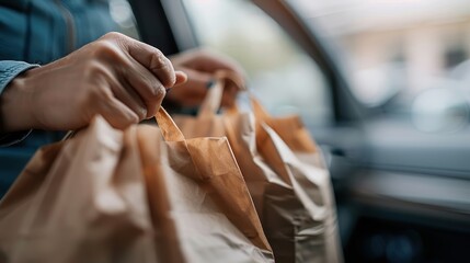 Obraz premium The image highlights hands holding several brown paper grocery bags, symbolizing a sustainable shopping choice, with the interior of a car in the background.