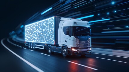 A digital freight truck on a modern highway, highlighting efficient transport management, with copy space, high-resolution photo, realistic photo