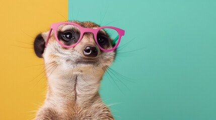 Fototapeta premium Meerkat in pink glasses on green-yellow background with blue-yellow wall