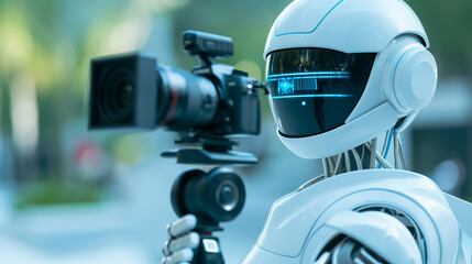 AI robot filming a scene with a professional camera, digital interface overlay showing real-time video generation, outdoor setting 