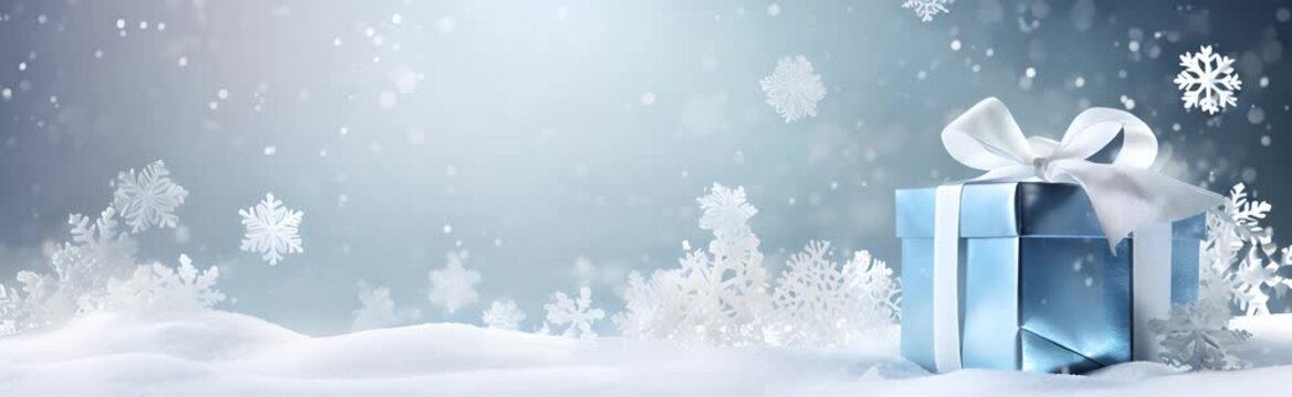 Winter holiday theme with gift box and snowflakes on blue background