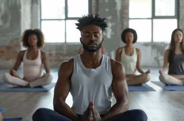 Obraz premium group of people are meditating in a yoga studio, doing lotus pose with their eyes closed and sitting on black fabric mats
