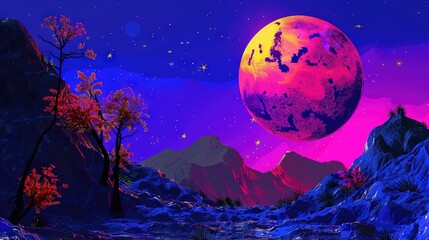 Naklejka premium A digital painting of a mountainous landscape under the light of a red moon at night