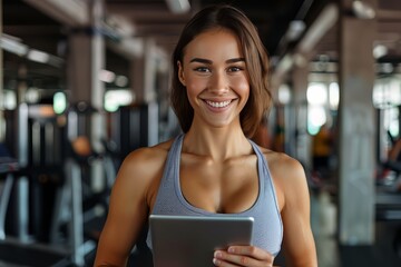 A fit muscular female personal trainer smiling at the camera in a gym, close up