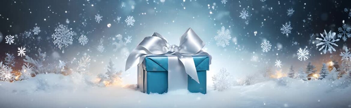 Winter holiday theme with gift box and snowflakes on blue background