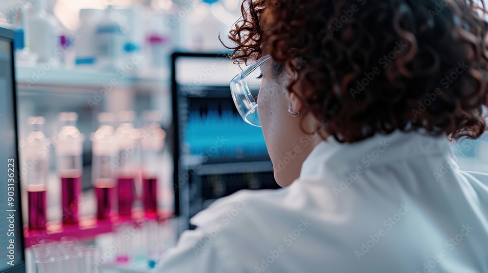 Poster a scientist is seen analyzing data on a computer screen, surrounded by scientific and laboratory equ